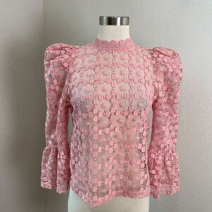 Mele E Pere Womens Medium Pink Lace Sheer Top With Puff Sleeves Shirt